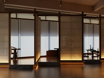 Serene Japanese Clubhouse Interior With Sliding Screens And Warm Lighting 3d model