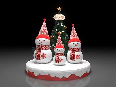 Christmas Decorations With Snowmen Christmas Tree And Merry Sign On White Base 3d model