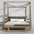 Modern Wooden Four Poster Double Bed With White Bedding Nightstand And Hanging Lamps
