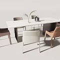 Modern Dining Table Set With White Rectangular Tabletop Multicolored Chairs Green Plant And Black Ornaments 3d model