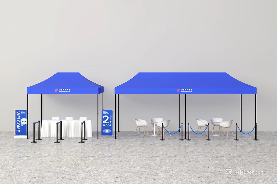 Public Facilities Setup With Blue Tents Tables Chairs Number 2 Signage And Barriers 3d model 
