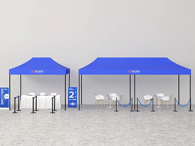 Public Facilities Setup With Blue Tents Tables Chairs Number 2 Signage And Barriers 3d model