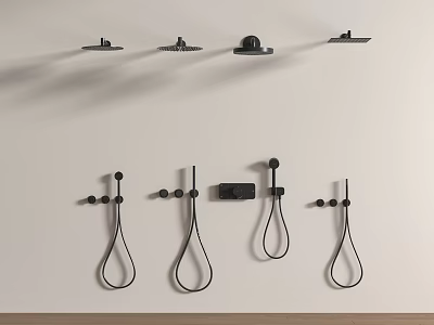 Black Wall Mounted Overhead And Handheld Shower Heads Displayed On White Wall 3d model