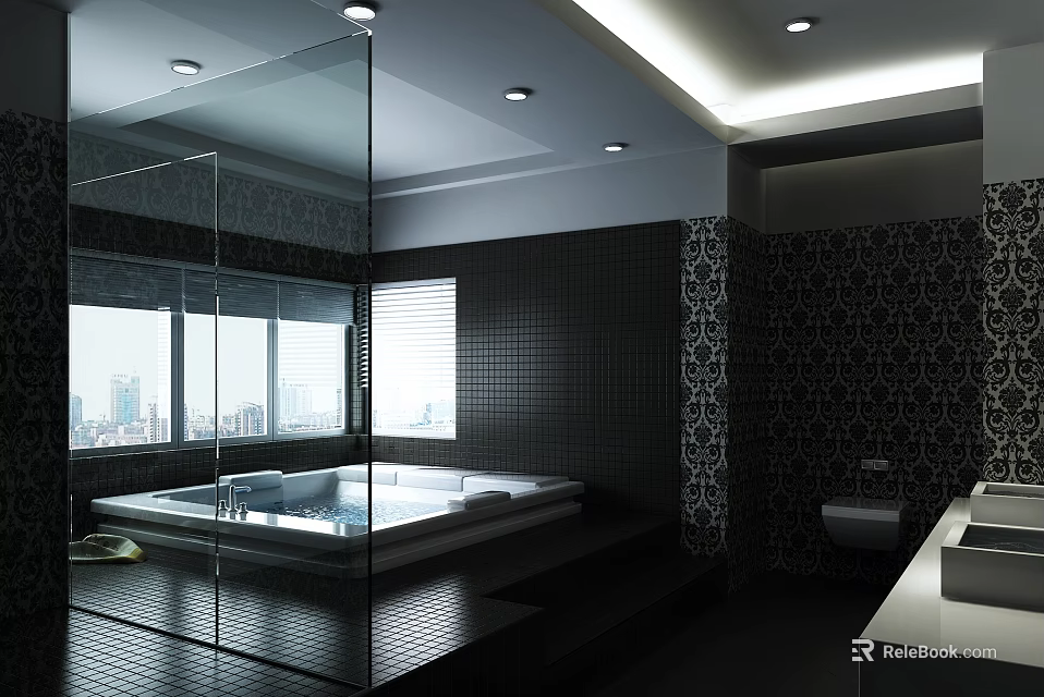 Hotel Bathroom Interior With Modern Design Black Tiles Bathtub And City View Window 3d model 