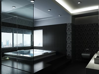 Hotel Bathroom Interior With Modern Design Black Tiles Bathtub And City View Window 3d model