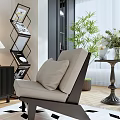 Beige Upholstered Leisure Chair With Dark Wood Frame On Patterned Rug And Indoor Plants