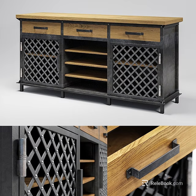 Industrial Style Wooden Dresser With Metal Frame Lattice Doors And Open Shelves 3d model 