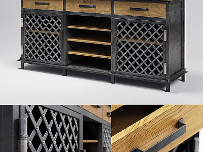 Industrial Style Wooden Dresser With Metal Frame Lattice Doors And Open Shelves 3d model