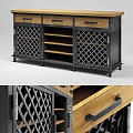 Industrial Style Wooden Dresser With Metal Frame Lattice Doors And Open Shelves