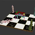 Small Dark Wooden Table on Chessboard With Statues And Broken White Items