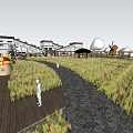 Scenic Rice Field With Stone Path Wooden Deck Colorful Trees And People Near Buildings