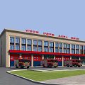 Fire Station Office Building With Red Exterior And Fire Trucks Parked In Front