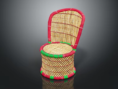 Stylish Woven Rattan Chair With Red Trim And Green Decorative Accents 3d model