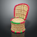 Stylish Woven Rattan Chair With Red Trim And Green Decorative Accents