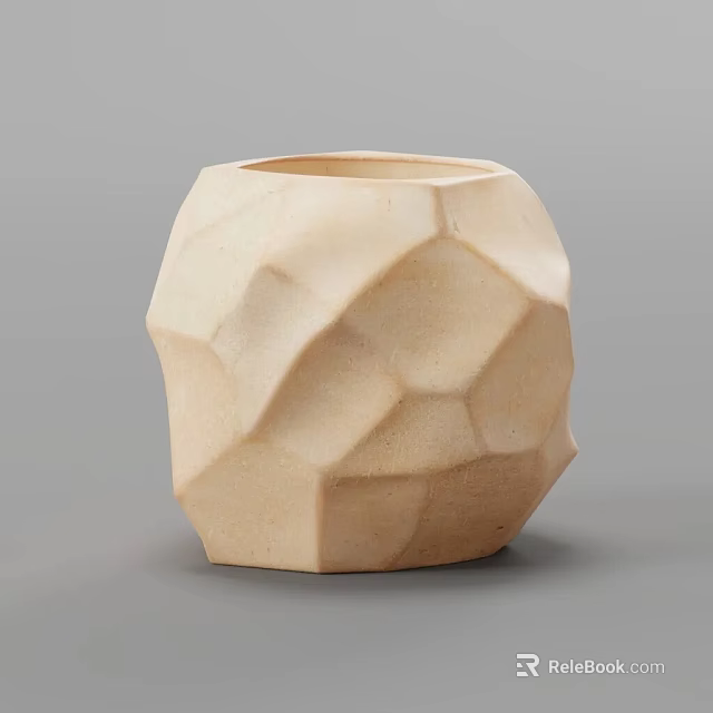 Beige Ceramic Bonsai Pot With Modern Geometric Irregular Polygonal Texture Design 3d model