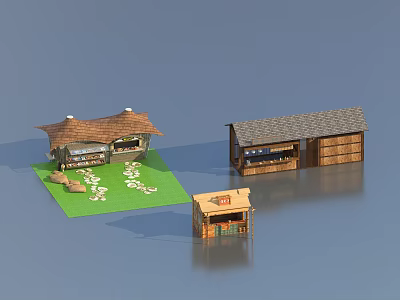 Small Rural Building Models Featuring Thatched Roof Wooden Structure Grass Area And Stone Path 3d model