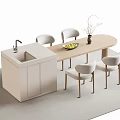 Beige Bar Counter With Wooden Top Sink Fruit Bowl Vase And Four White Chairs