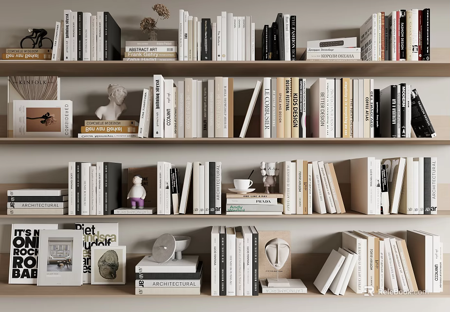 Books And Magazines On Stylish Wooden Bookshelves With Decorative Items And Coffee Cup 3d model 