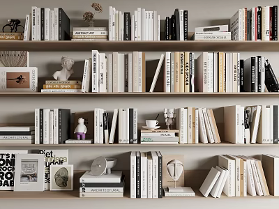 Books And Magazines On Stylish Wooden Bookshelves With Decorative Items And Coffee Cup 3d model