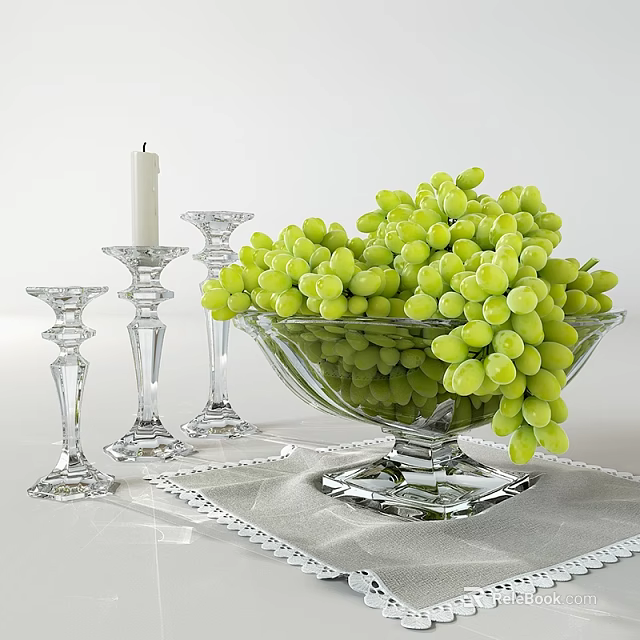 Fresh Green Grapes in Glass Bowl with Crystal Candle Holders on Elegant Table Setting 3d model 