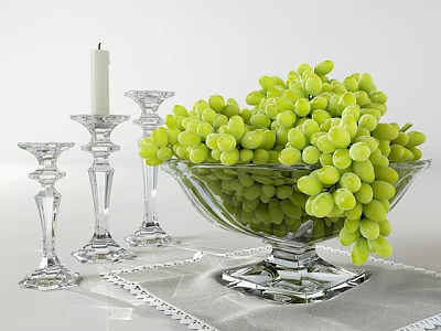 Fresh Green Grapes in Glass Bowl with Crystal Candle Holders on Elegant Table Setting 3d model