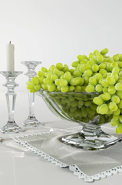Fresh Green Grapes in Glass Bowl with Crystal Candle Holders on Elegant Table Setting 3d model
