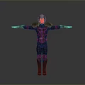 Man In Futuristic Black Armor With Red Shoulders Displaying Arms Outstretched On Gray Background