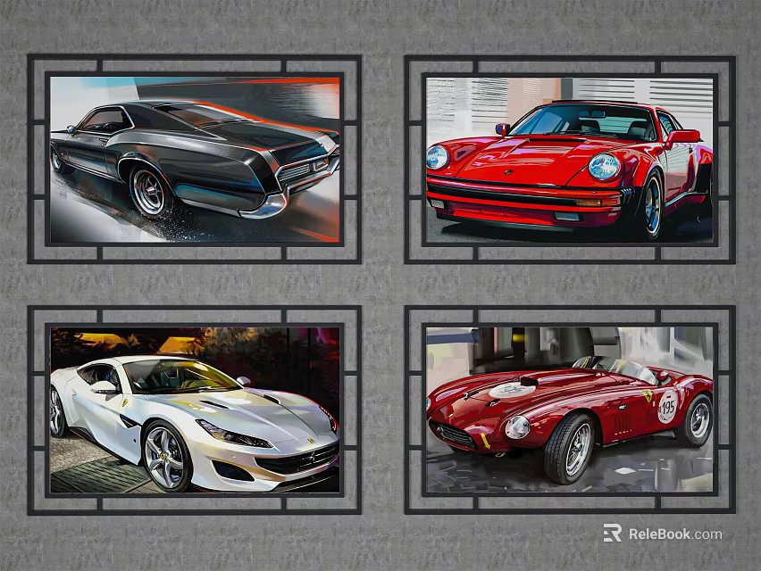 Vintage and Modern Sports Cars Art Prints in Four Framed Designs 3d model 