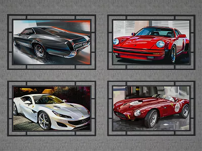 Vintage and Modern Sports Cars Art Prints in Four Framed Designs 3d model