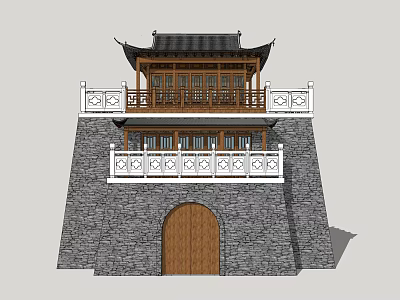 Ancient Chinese Architecture With Pagoda Style Roof Wooden Structure And Stone Walls Arched Gate 3d model