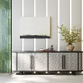 Elegant Modern Console Table and Sideboard with Patterned Design Wall Art and Green Plant Vase 3d model