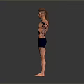 Muscular Shirtless Man In Dark Shorts With Arm Sleeves And Outstretched Arms On Gray Background