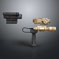 Tactical Gear Components With Black Scope Golden Device And Brown Accessory
