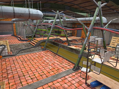 Large Metal Pipes In Industrial Construction Site With Brick Flooring And Metal Supports 3d model