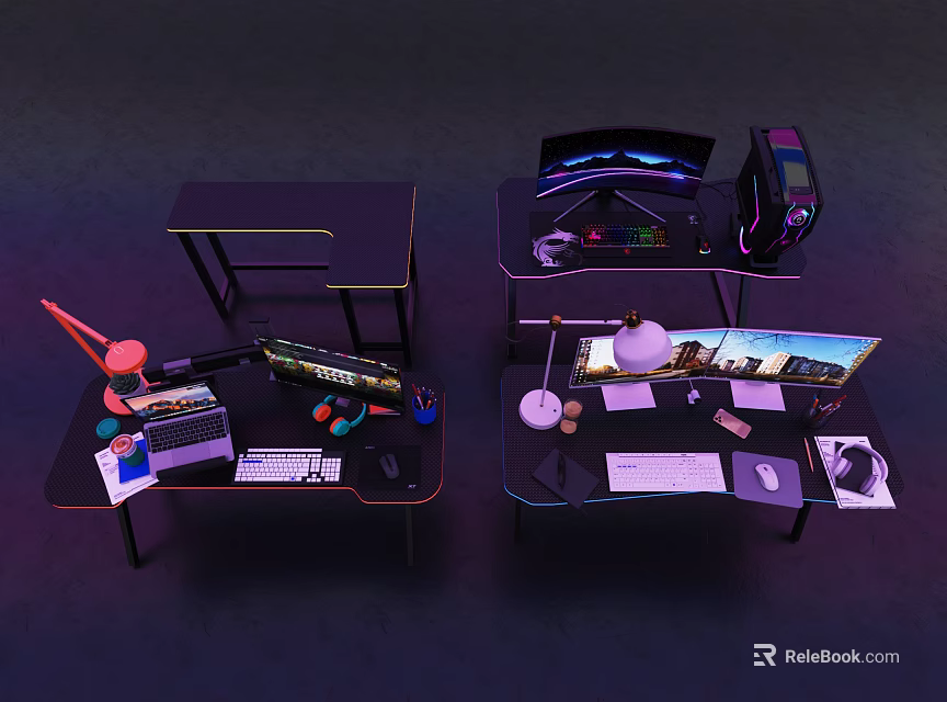 Modern Entertainment Desk With Gaming Monitors Headset And LED Lighting 3d model 