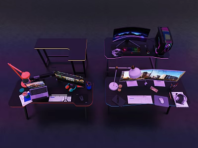 Modern Entertainment Desk With Gaming Monitors Headset And LED Lighting 3d model