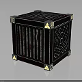 Ornamental Black Cube Scene Component With Golden Corner Accents And Intricate Striped Cut Out Details