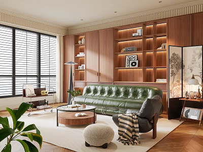 Modern Living Room Interior Design With Green Leather Sofa Wooden Bookshelves And Window Blinds 3d model