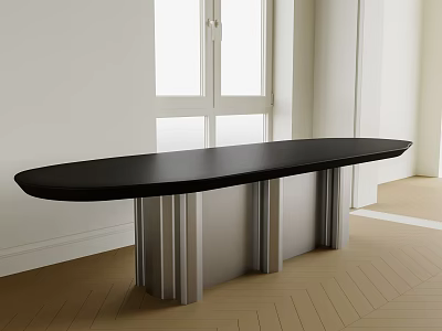 Oval Black Top Dining Table With Silver Legs Near Window Wooden Herringbone Floor 3d model