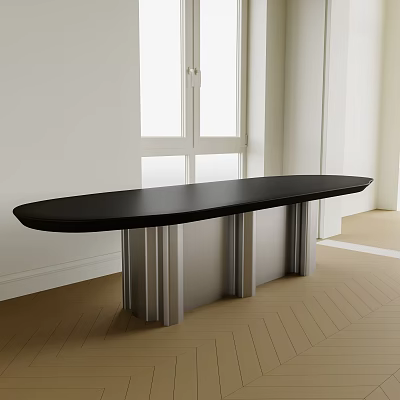 Oval Black Top Dining Table With Silver Legs Near Window Wooden Herringbone Floor 3d model