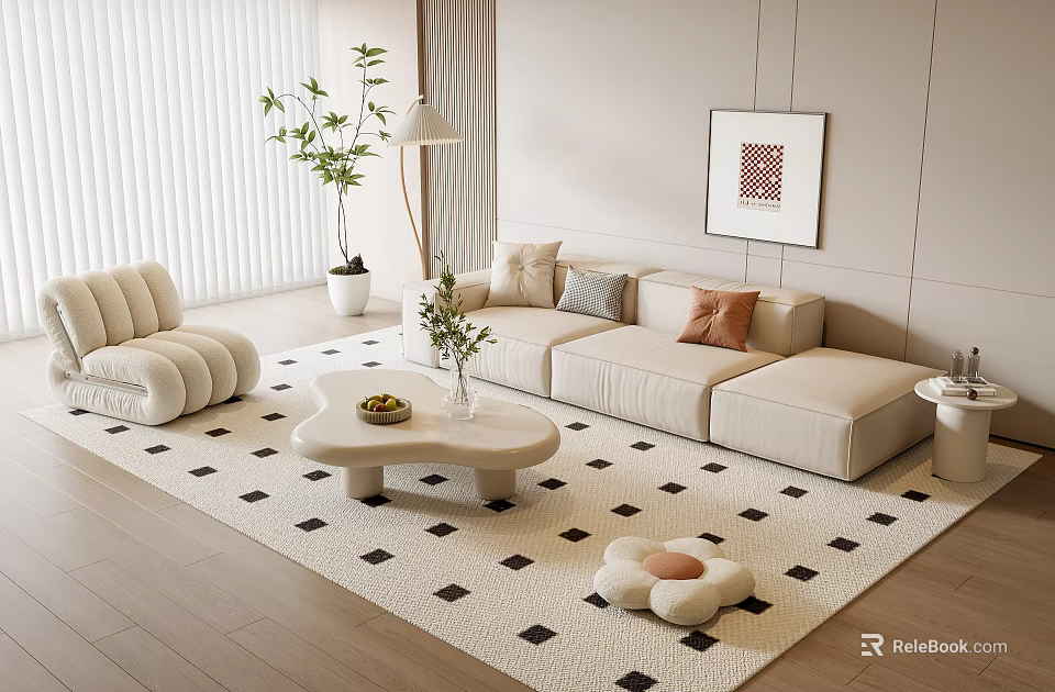 Minimalist Cream Sofa and Coffee Table with Black White Diamond Rug Plant and Floor Lamp 3d model 