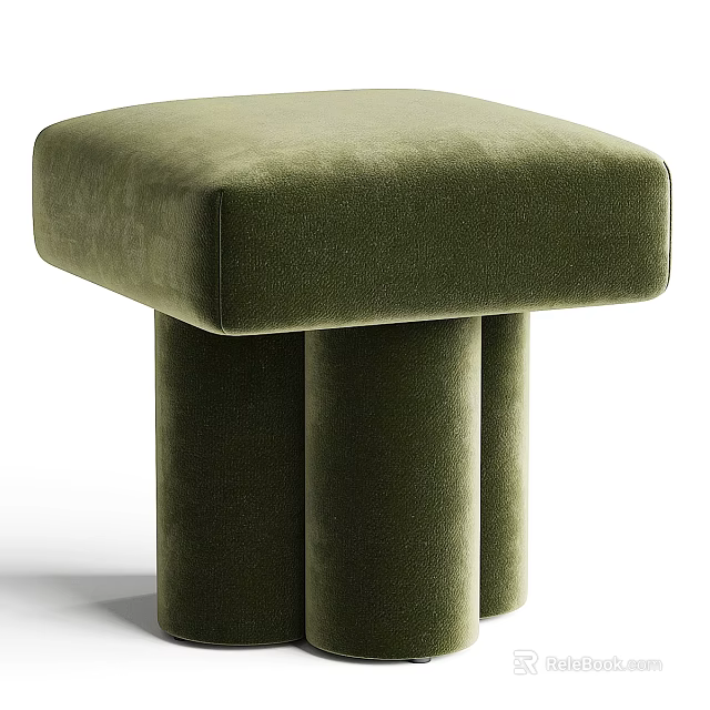 Green Velvet Stool With Three Cylindrical Legs And Modern Sleek Design 3d model 