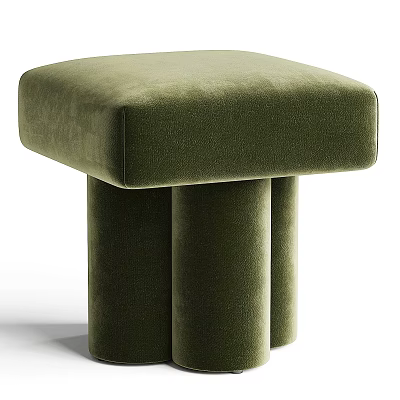 Green Velvet Stool With Three Cylindrical Legs And Modern Sleek Design 3d model