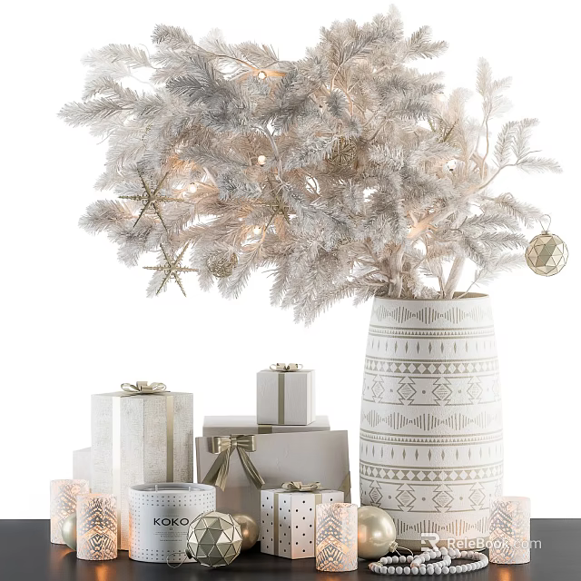 Decorative Ornament Set With Lighted White Christmas Tree Gold Star Ornaments Gift Boxes And Vase 3d model 