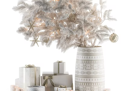 Decorative Ornament Set With Lighted White Christmas Tree Gold Star Ornaments Gift Boxes And Vase 3d model
