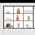 Modern Decorative Ornaments Set Featuring Geometric Shapes And Neutral Tones On White Grid Shelf