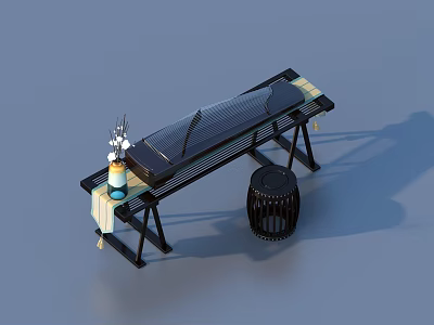 Traditional Chinese Guzheng Setup With Wooden Table Small Drum And Flower Vase 3d model