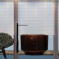 Cozy Double Sofa In Living Room With Blinds And Scenic Sea View