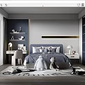 Modern Kids Room Interior With Navy Blue Gray Walls Bed Stuffed Toys Desk And Shelves