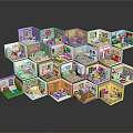 Cartoon Scenes of Colorful Hexagonal Houses with Miniature Rooms Including Bedroom and Living Room